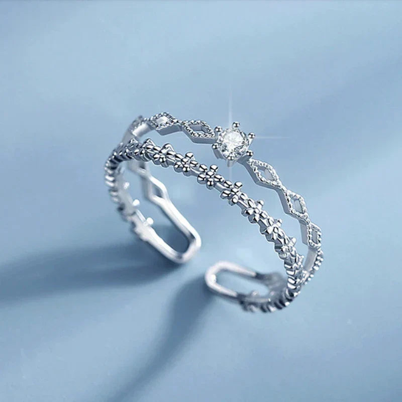 Women's Adjustable Ring - Elegant Wavy Design - Cubic Zirconia Accent - Textured Band