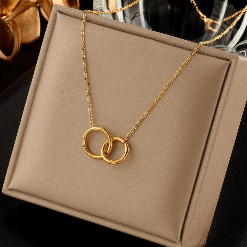 Women's Necklace - Minimalist Interlocking Circle Pendant - Adjustable Elegant Jewelry