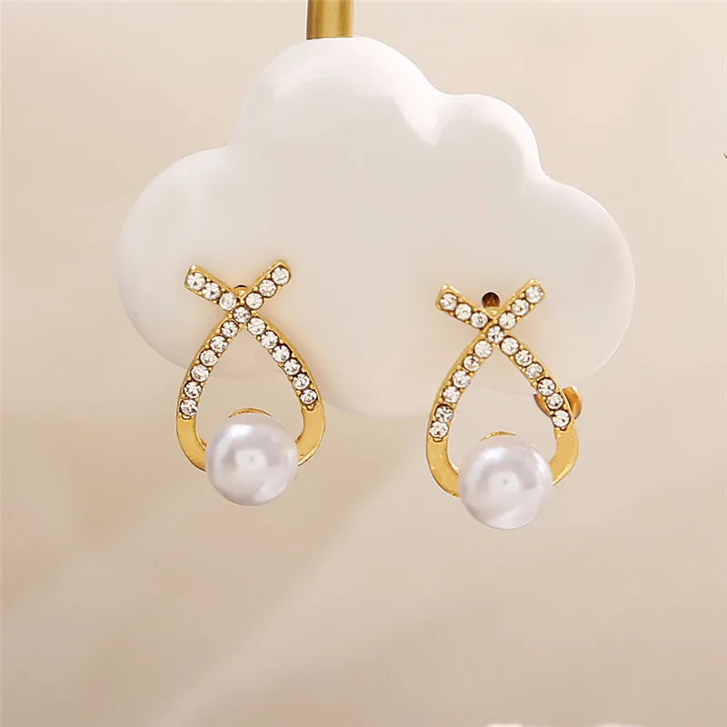Women's Stud Earrings - Pearl Accent - Crystal Embellished - Elegant Jewelry