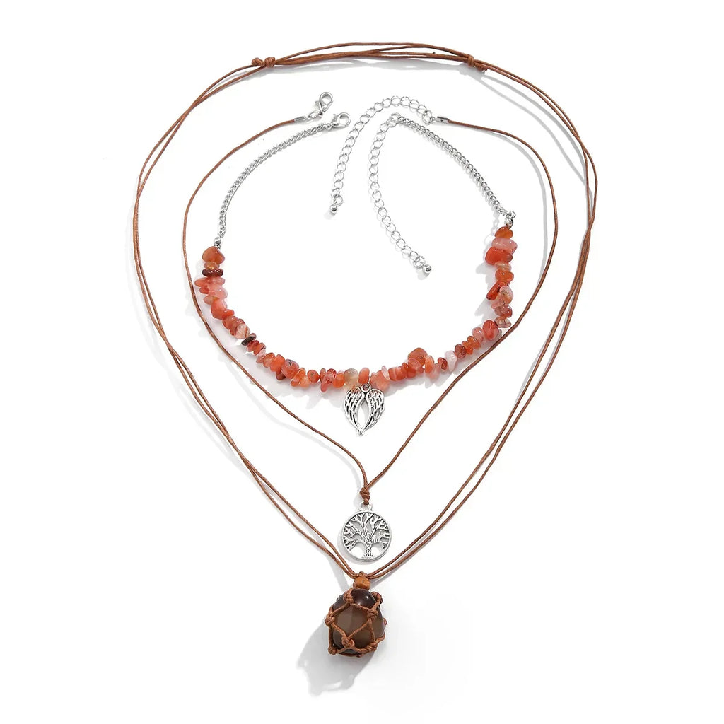 Women's Layered Necklace Set – Boho Stone Beads & Metal Pendants – Handmade Look