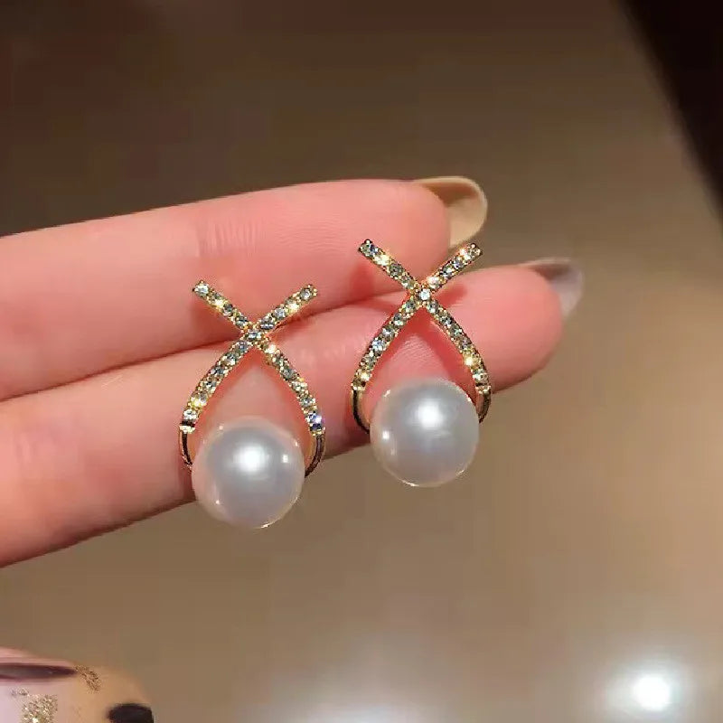 Women's Stud Earrings - Pearl Accent - Crystal Embellished - Elegant Jewelry