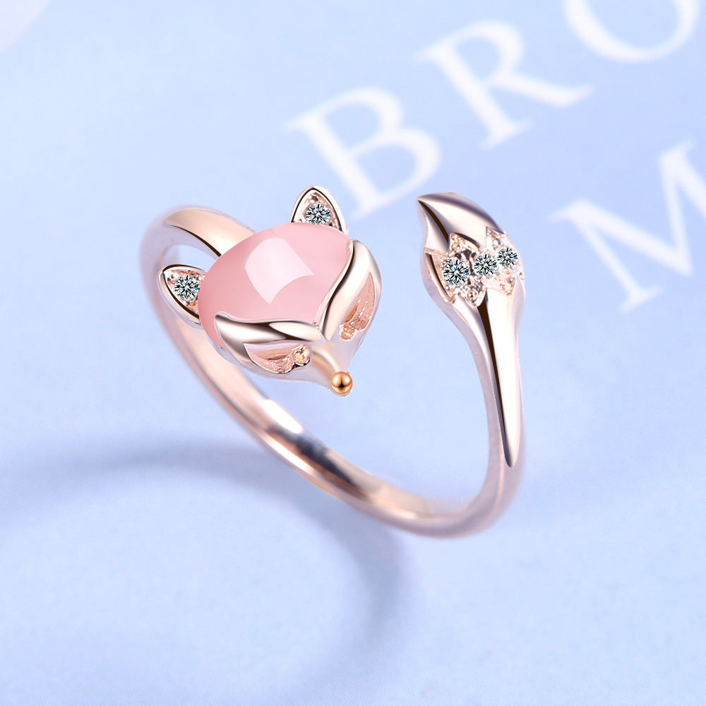 Women's Fox Ring - Adjustable Open Design - Elegant Polished Finish - Sparkling Accents