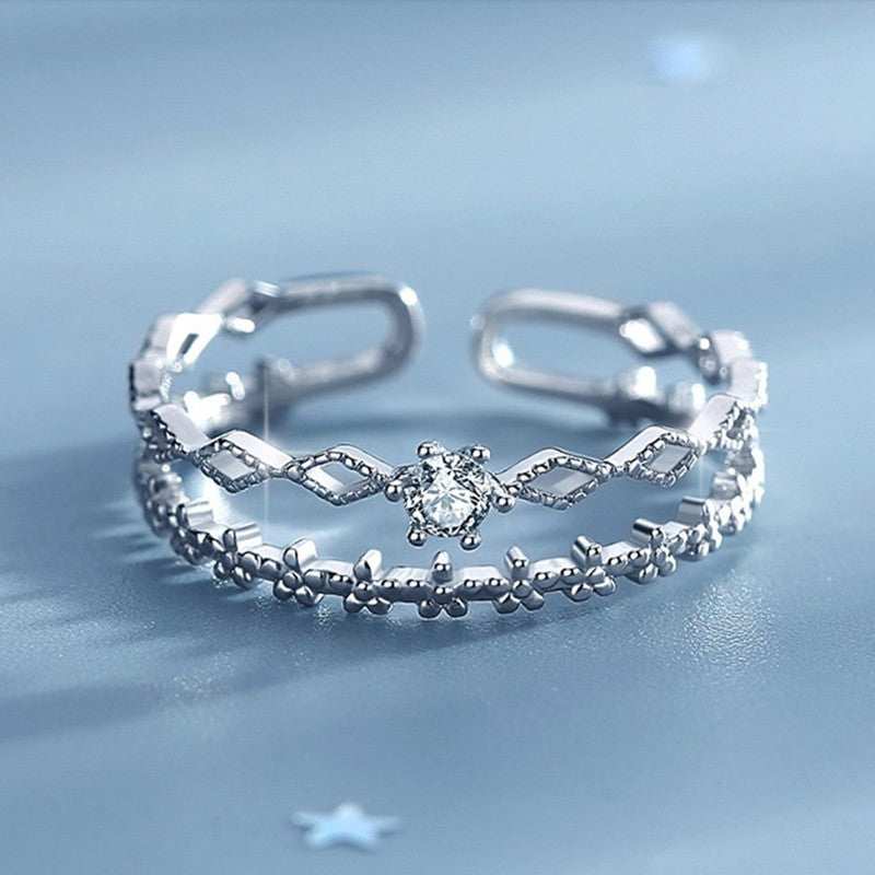 Women's Adjustable Ring - Elegant Wavy Design - Cubic Zirconia Accent - Textured Band
