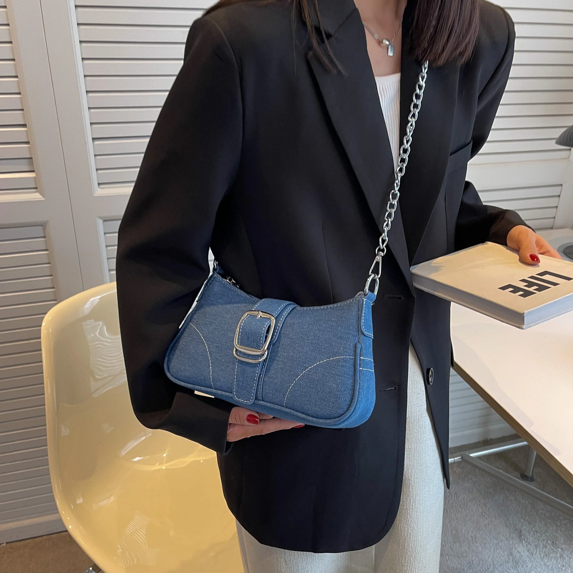 Marjani - small denim buckle two-way bag