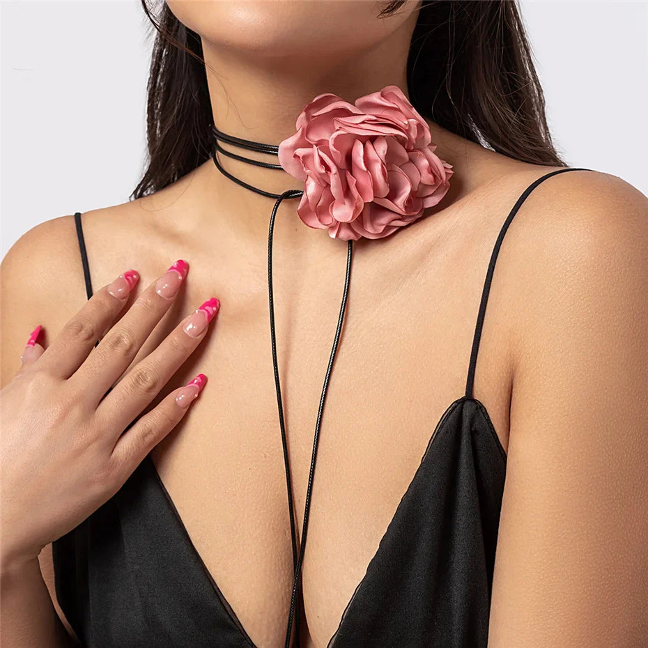 Women's elegant goth satin rose clavicle choker necklace