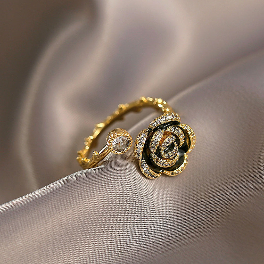Women's Floral Ring - Elegant Rose Design - Crystal Embellished - Adjustable Fit