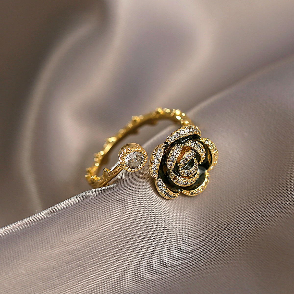 Women's Floral Ring - Elegant Rose Design - Crystal Embellished - Adjustable Fit