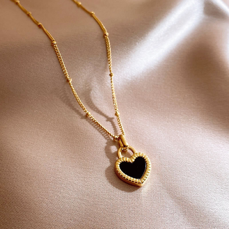 Women's Heart Pendant Necklace - Elegant Textured Border - Polished Metal Chain