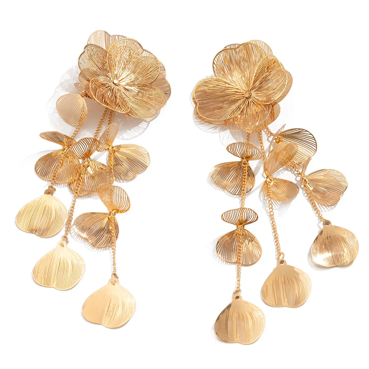 Leaf petal flower drop earrings with long tassel