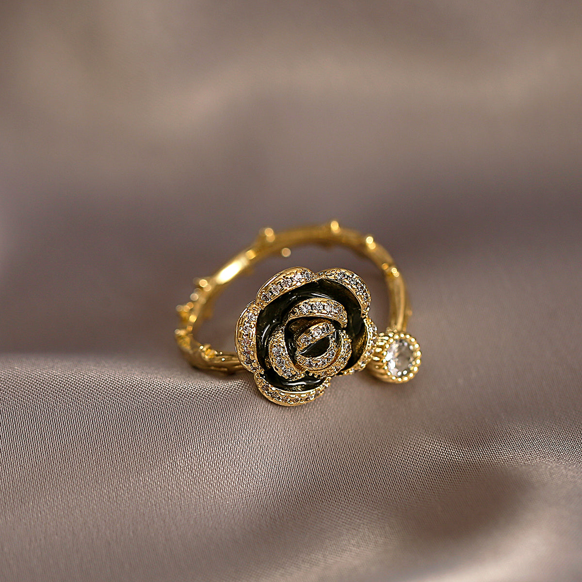 Women's Floral Ring - Elegant Rose Design - Crystal Embellished - Adjustable Fit
