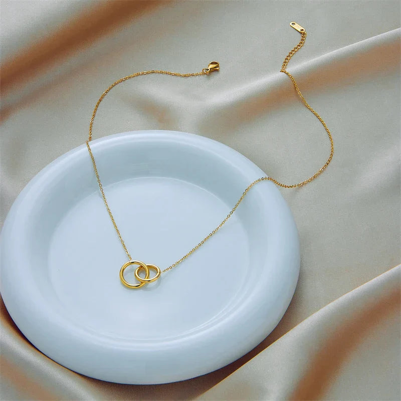 Women's Necklace - Minimalist Interlocking Circle Pendant - Adjustable Elegant Jewelry