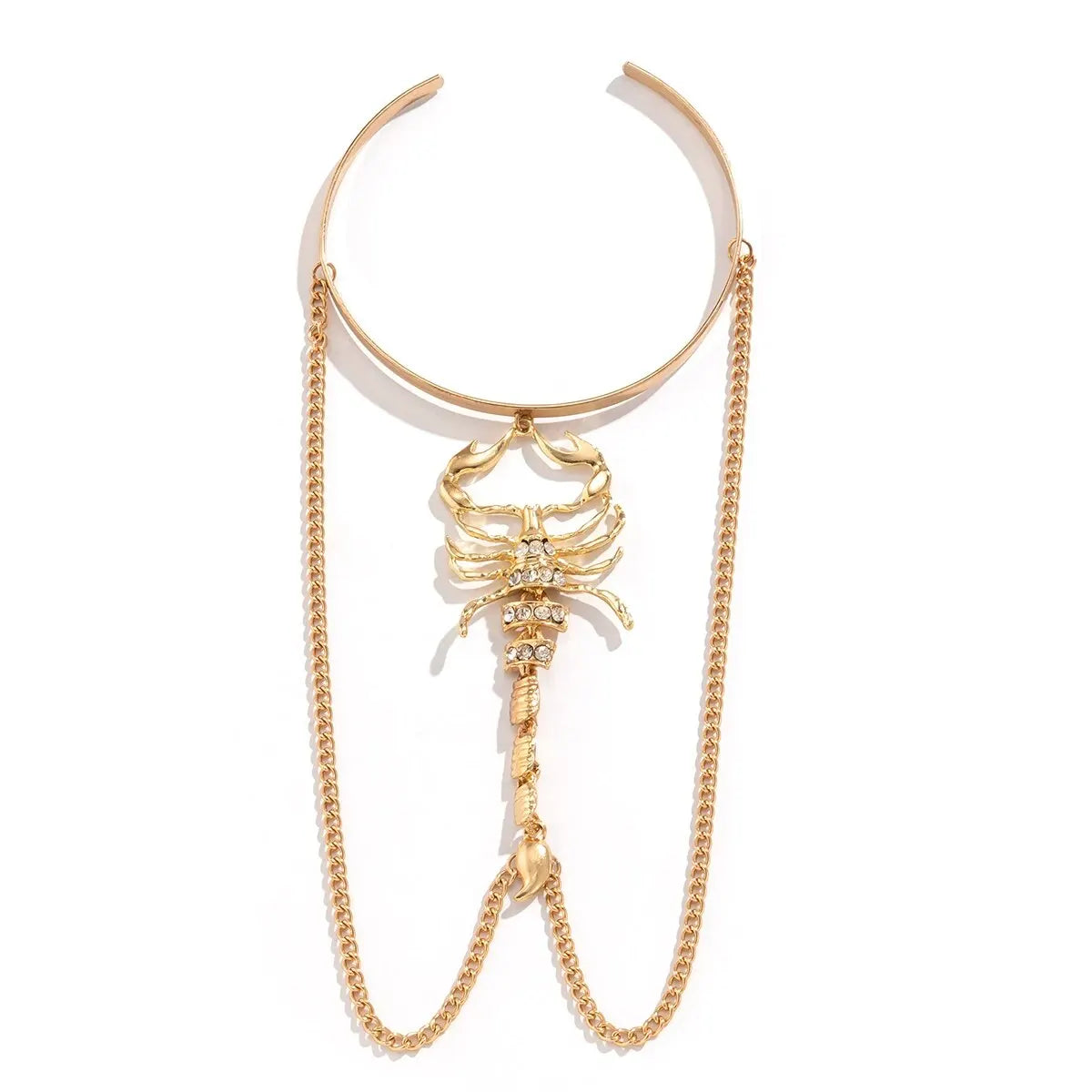 Gold scorpion arm cuff with chain details