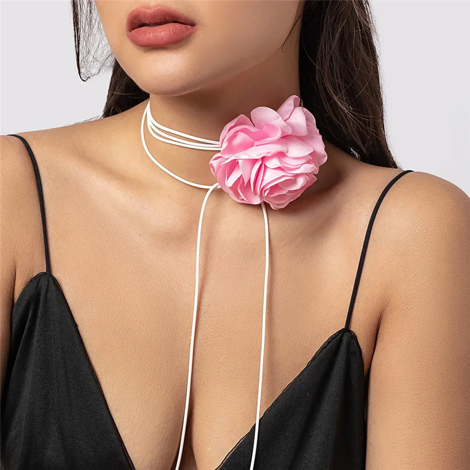 Women's elegant goth satin rose clavicle choker necklace