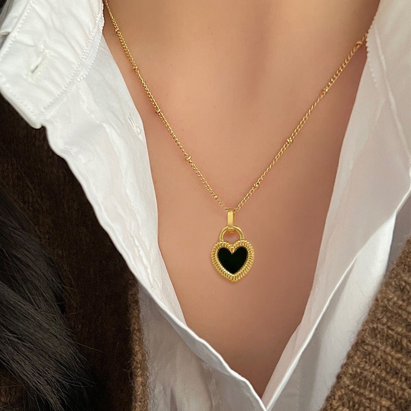 Women's Heart Pendant Necklace - Elegant Textured Border - Polished Metal Chain