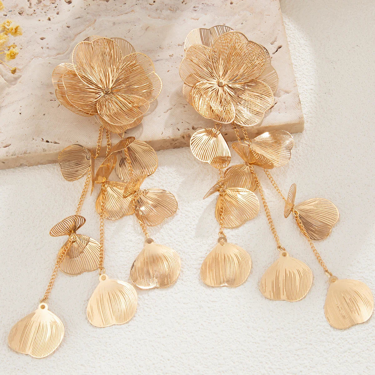 Leaf petal flower drop earrings with long tassel