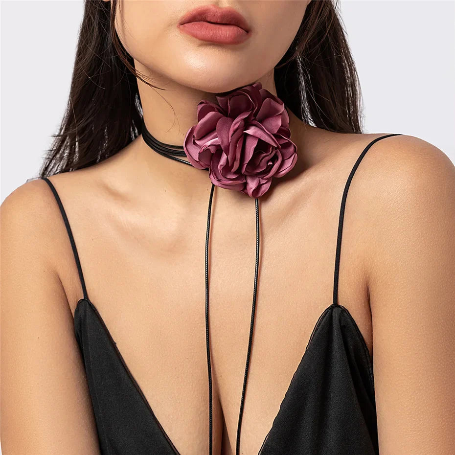 Women's elegant goth satin rose clavicle choker necklace