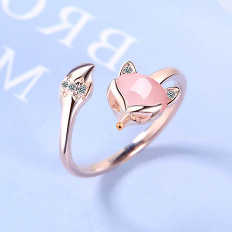 Women's Fox Ring - Adjustable Open Design - Elegant Polished Finish - Sparkling Accents