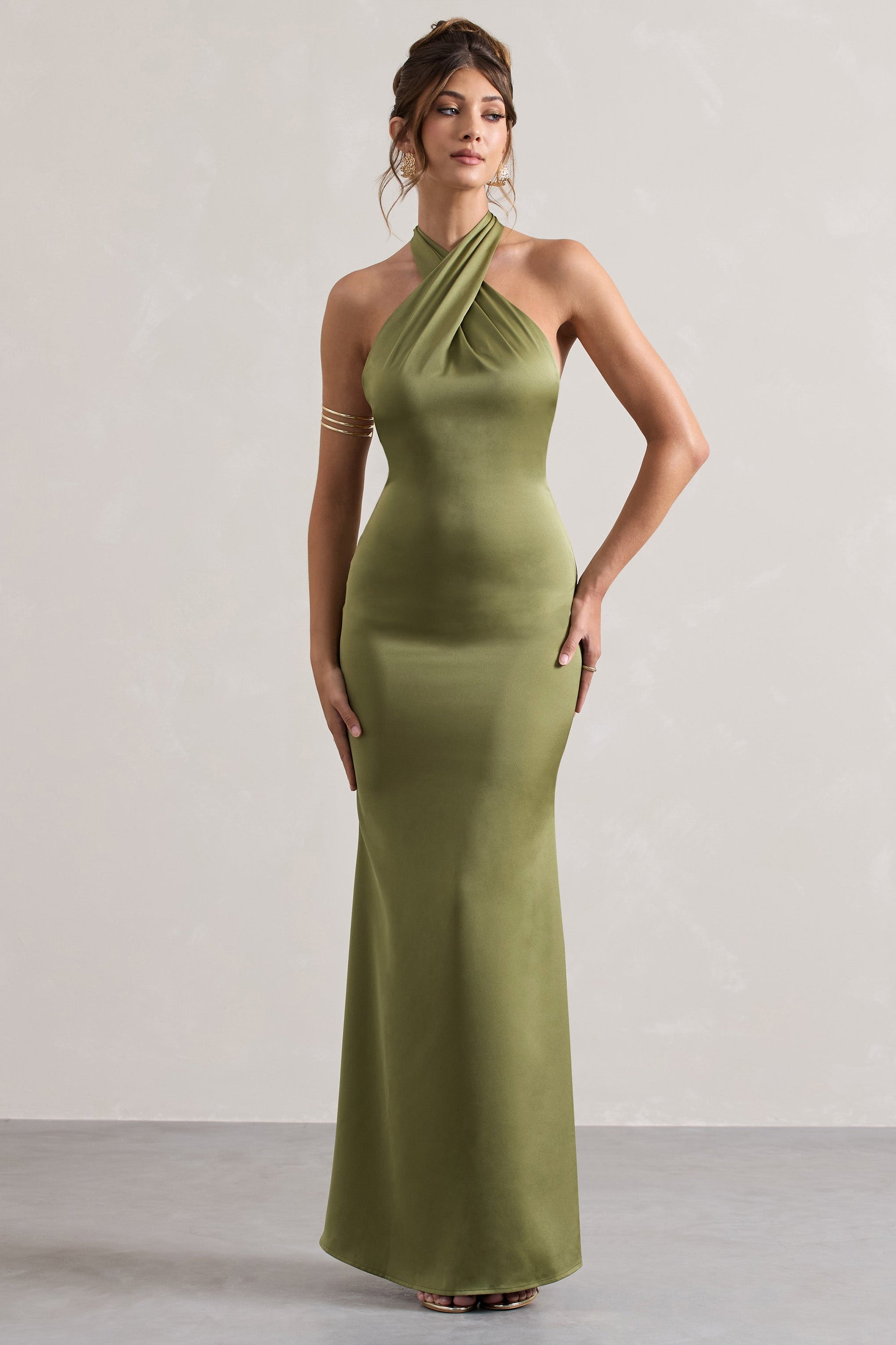 Unbeatable | Olive Satin Cross Over Halter-Neck Maxi Dress