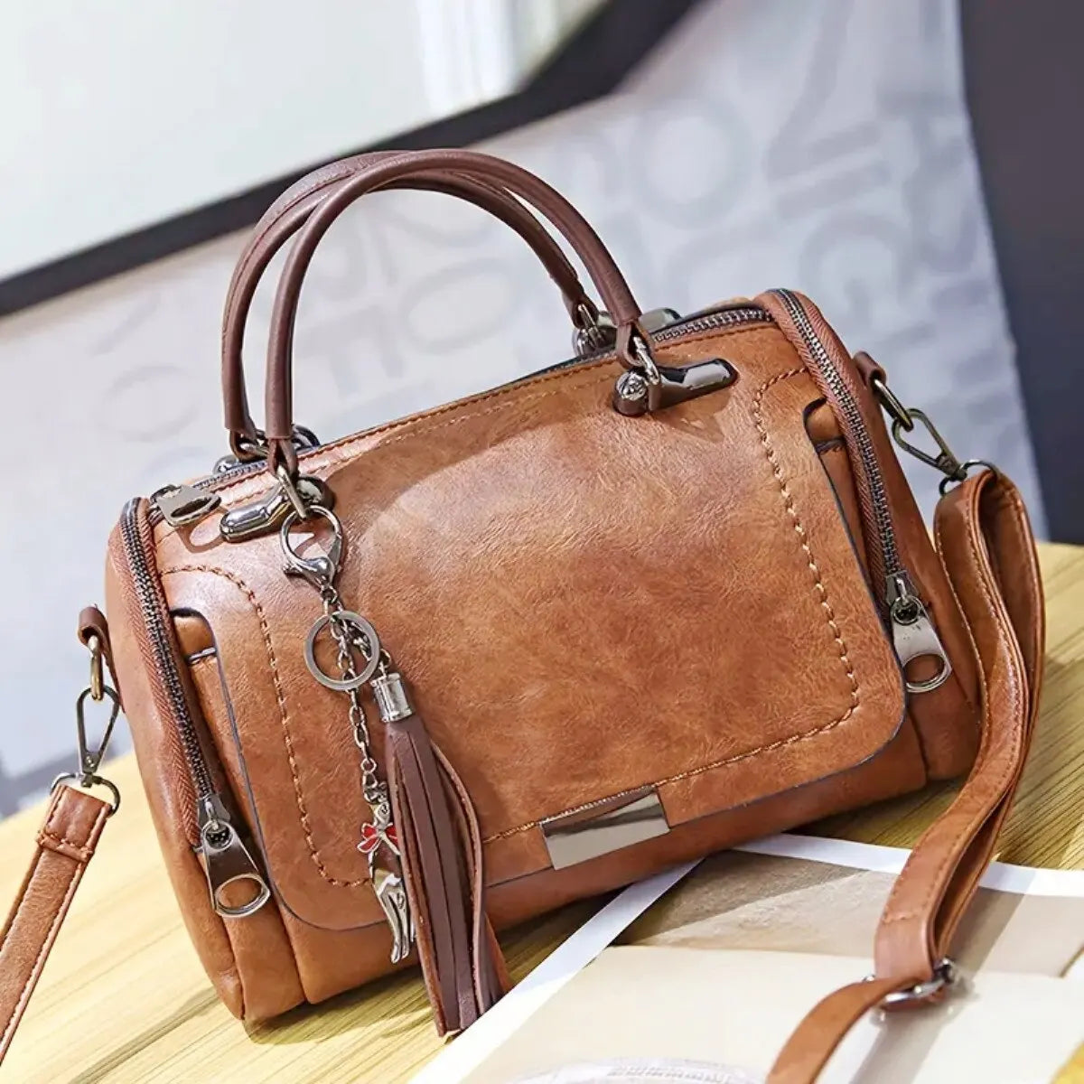 Women's Handbag - Faux Leather - Structured Design - Detachable Strap - Zipper Closure