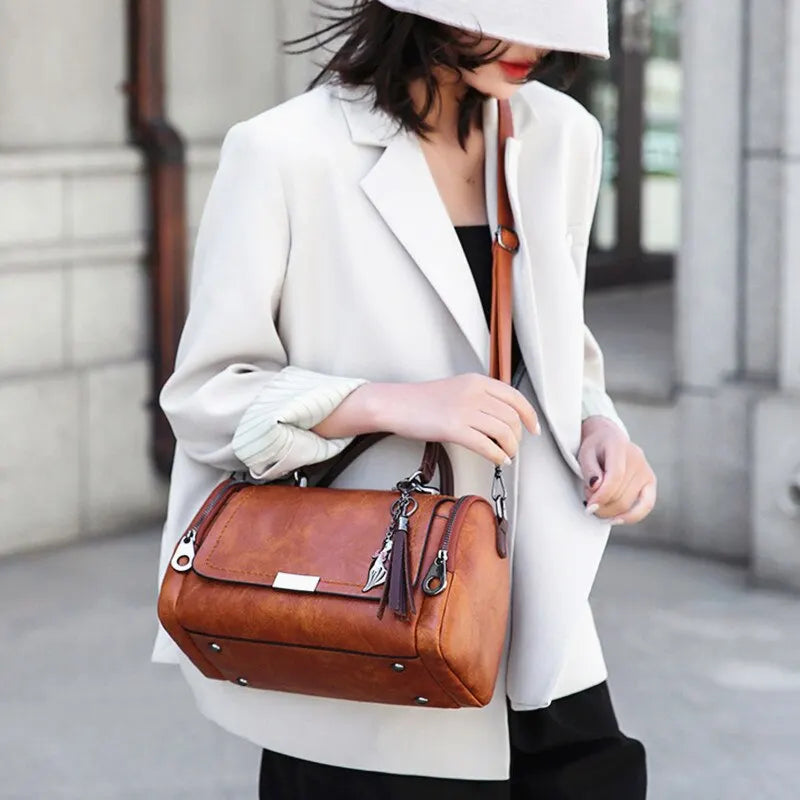 Women's Handbag - Faux Leather - Structured Design - Detachable Strap - Zipper Closure