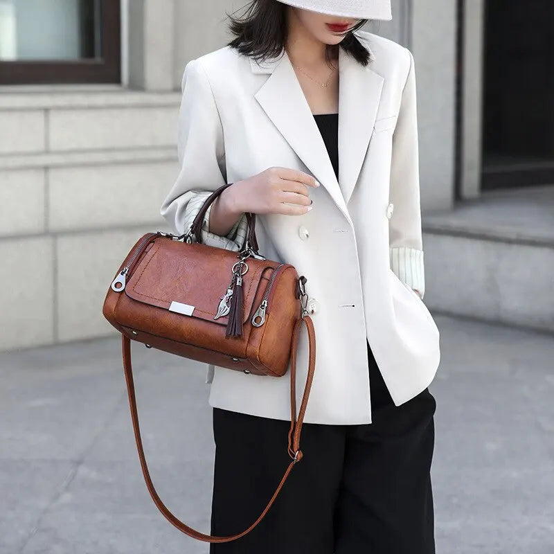 Women's Handbag - Faux Leather - Structured Design - Detachable Strap - Zipper Closure