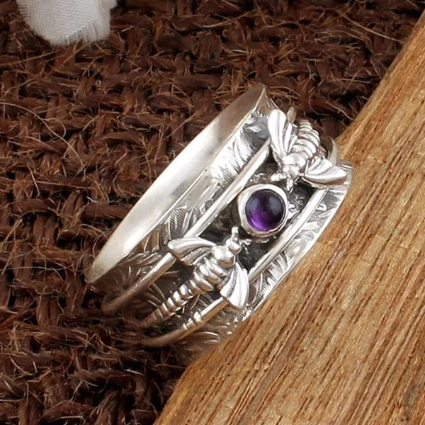 Women's Bee Ring - Metal Wide Band - Engraved Nature-Inspired Design - Gemstone Accent