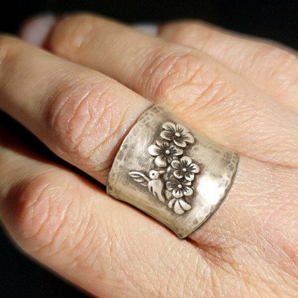Women's Wide Band Ring - Handcrafted Metal - Floral & Bird Engraved Statement Piece