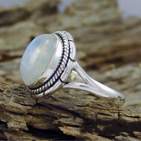 Women's Sterling Silver Ring - Cabochon Gemstone - Bezel Setting - Braided Detail