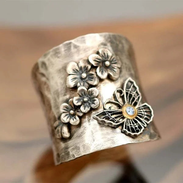 Women's Wide Cuff Bracelet - Hammered Metal - Floral & Butterfly Design - Gemstone Accent