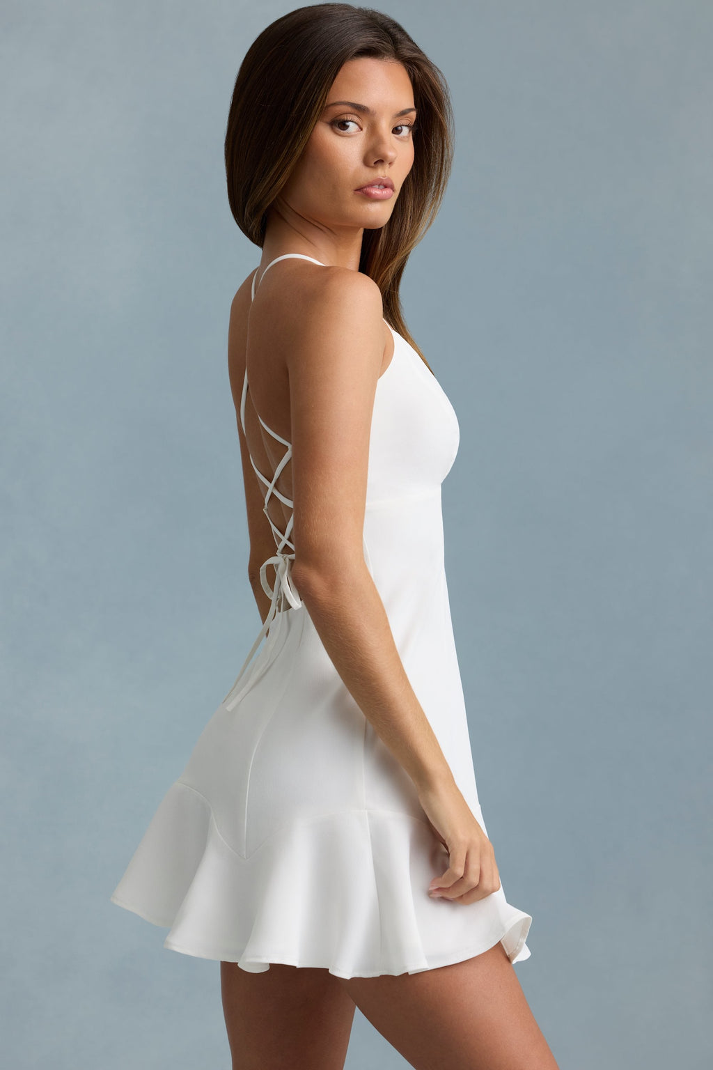 Drop-Waist Lace-Up Mini Dress in White