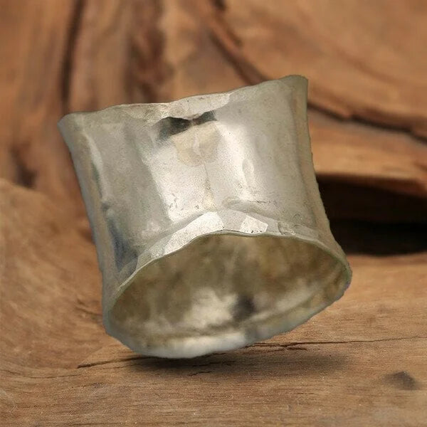 Women's Wide Band Ring - Hammered Texture - Embossed Dandelion Design - Nature Inspired