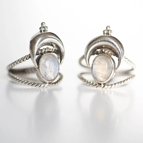 Oval rainbow moonstone moon phase ring