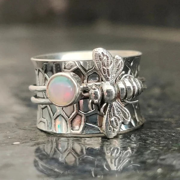 Unique bee gemstone meditation spinner ring