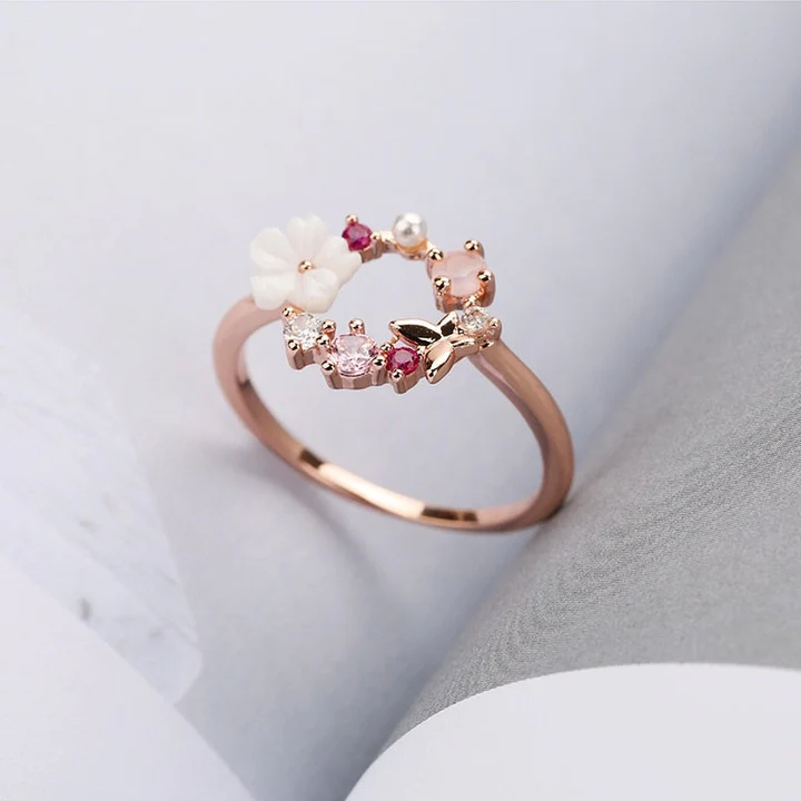 Women's Ring - Floral & Butterfly Design - Elegant Metal with Gemstone Accents