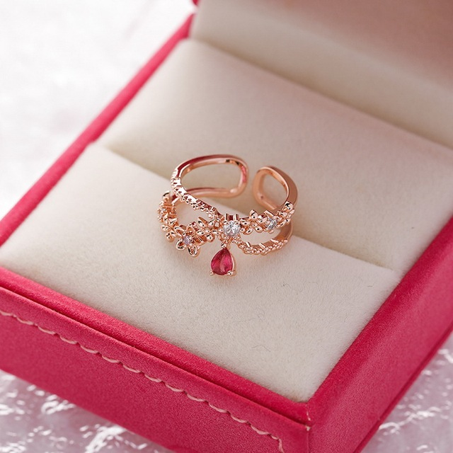 Women's Adjustable Ring - Floral Design - Teardrop Crystal Charm - Elegant Jewelry