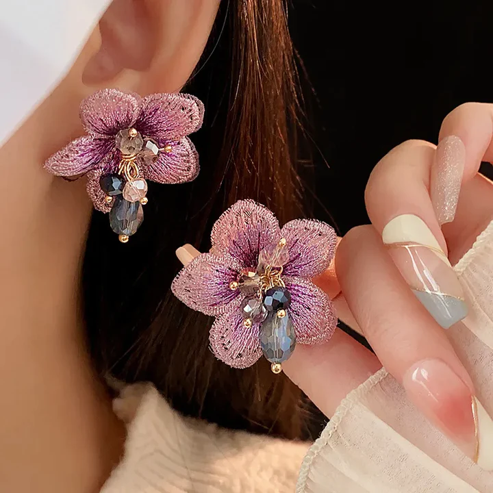 Women's Flower Earrings - Elegant Fabric Petals - Beaded Detailing - Lightweight