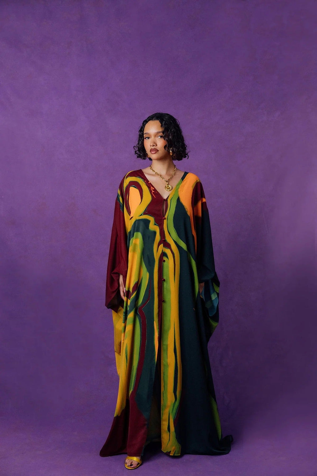 Rabi Abstract Printed Satin Kaftan - Burgundy
