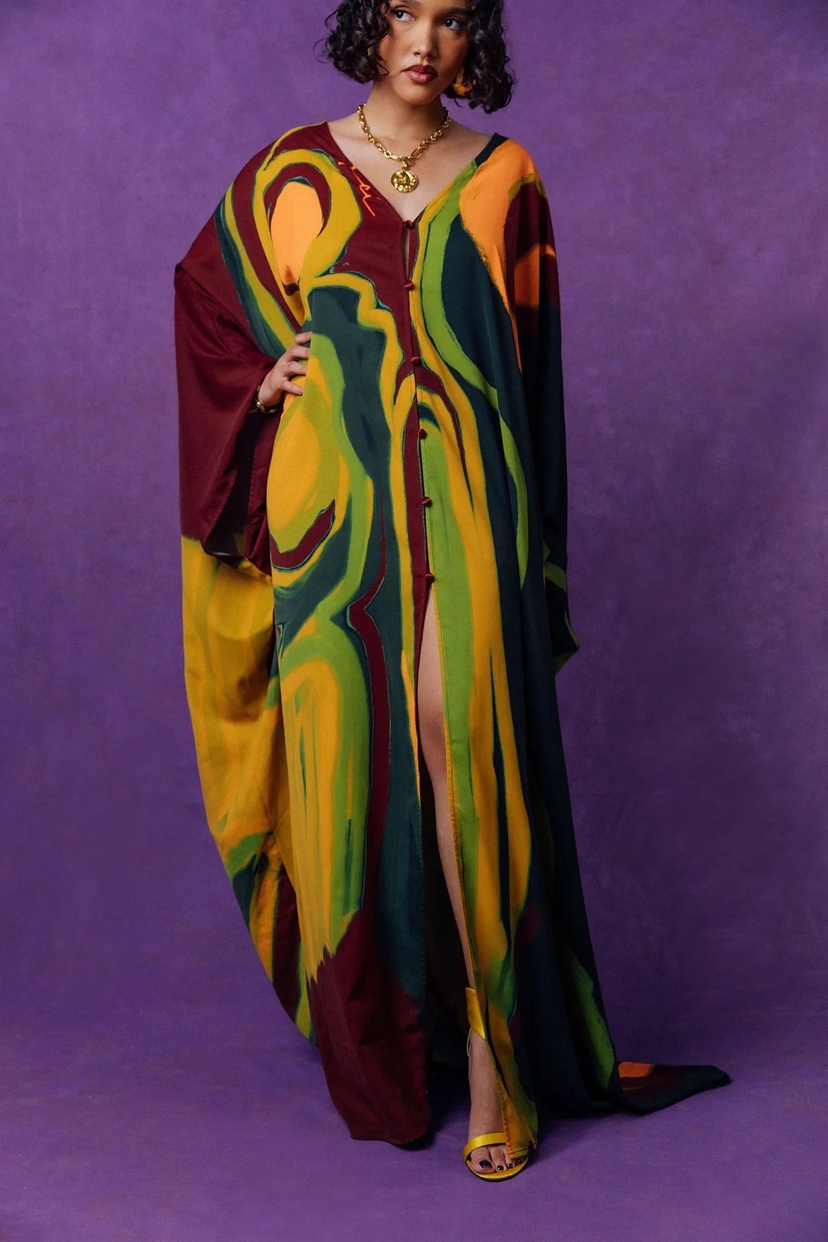 Rabi Abstract Printed Satin Kaftan - Burgundy