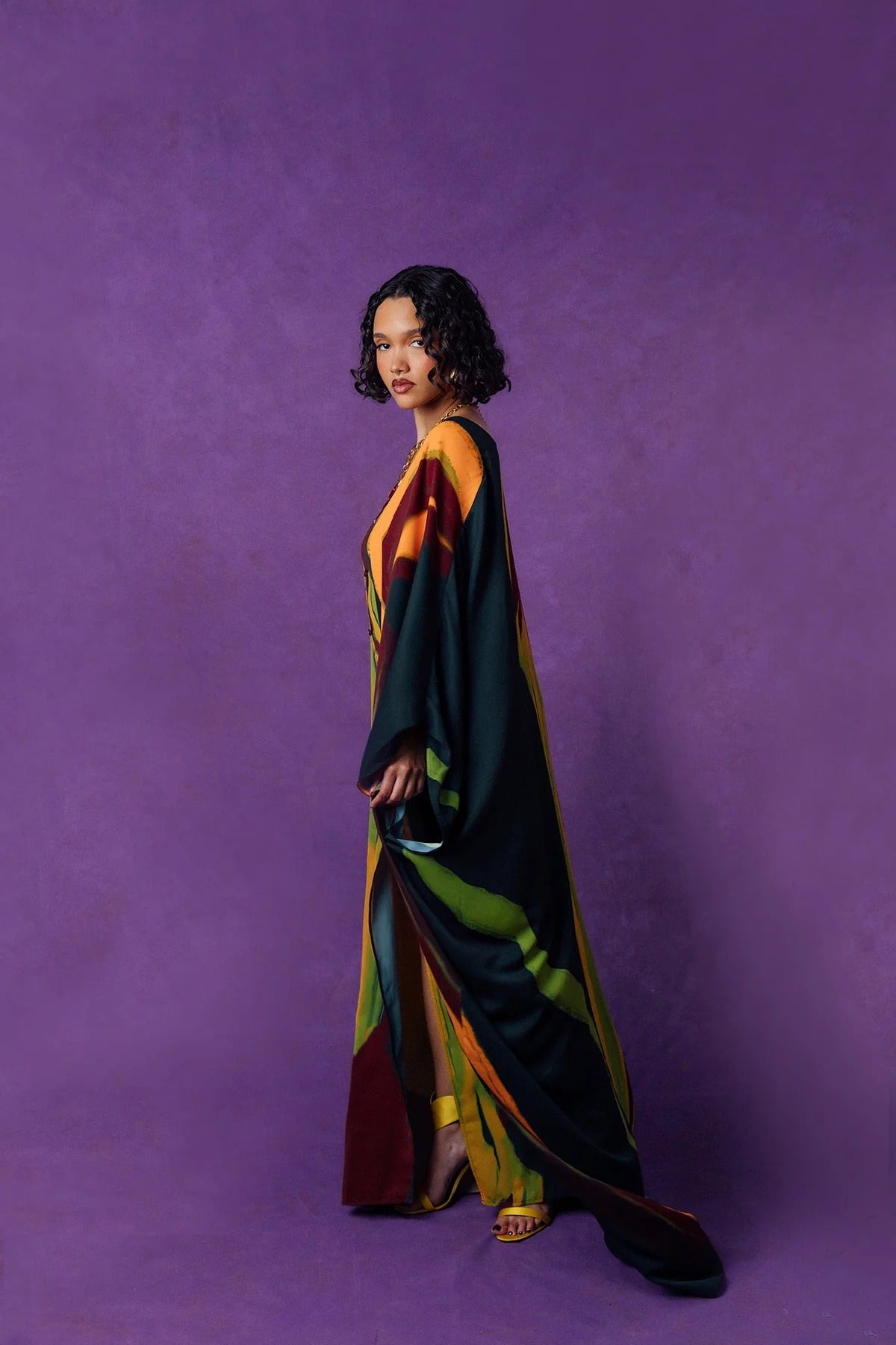 Rabi Abstract Printed Satin Kaftan - Burgundy