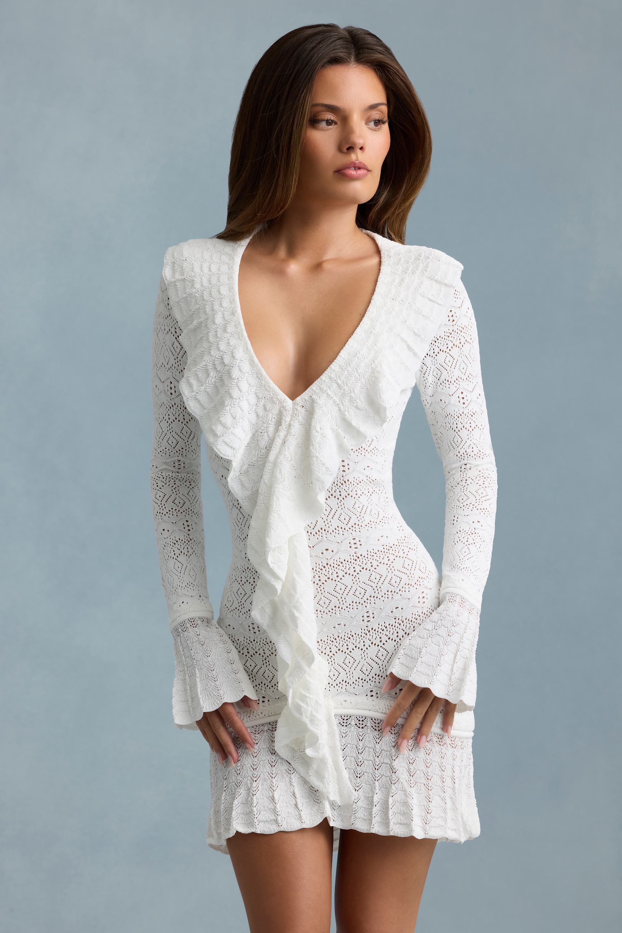 Ruffle-Trim Pointelle-Knit Mini Dress in White