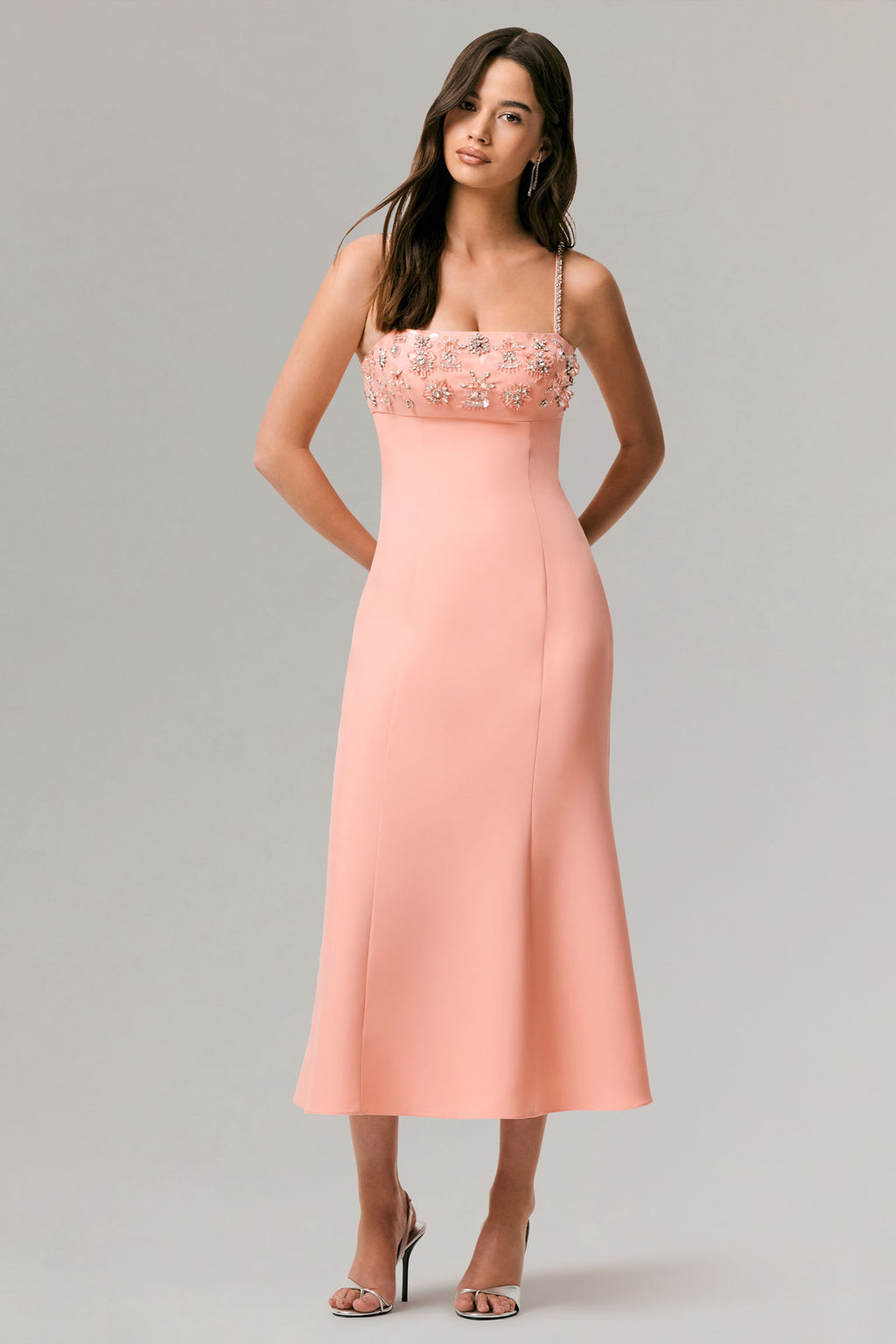 One To Remember | Coral Square-Neck Embellished Midi Dress