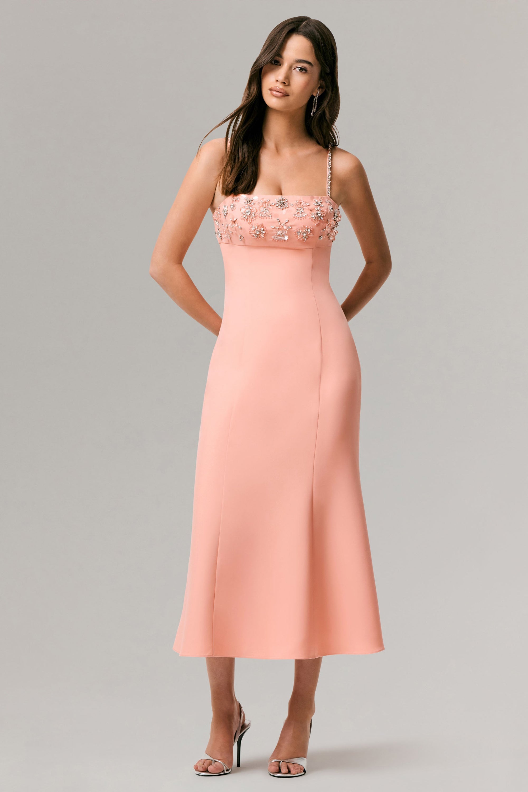 One To Remember | Coral Square-Neck Embellished Midi Dress