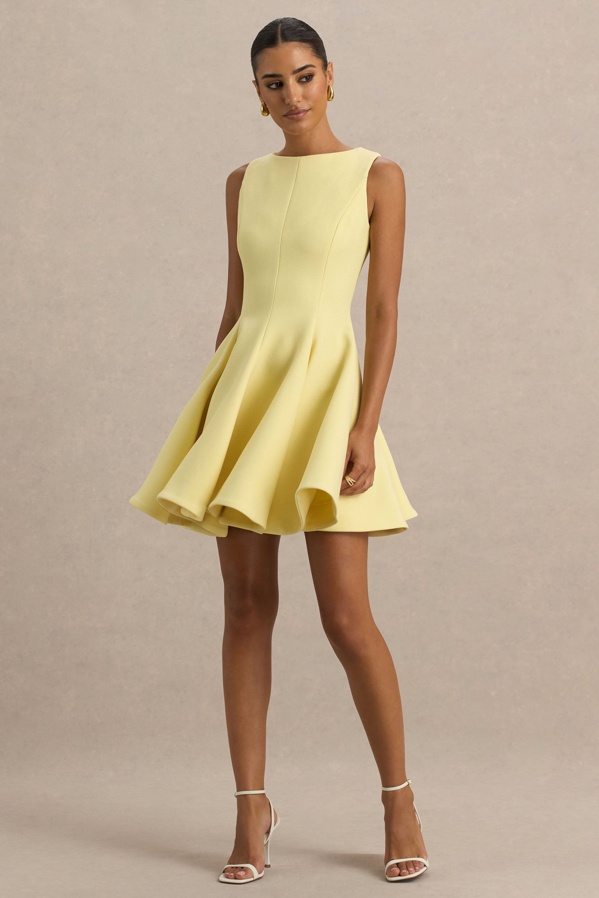 Gabrielle | Lemon Boat-Neck Mini Dress With Ruffling Detail