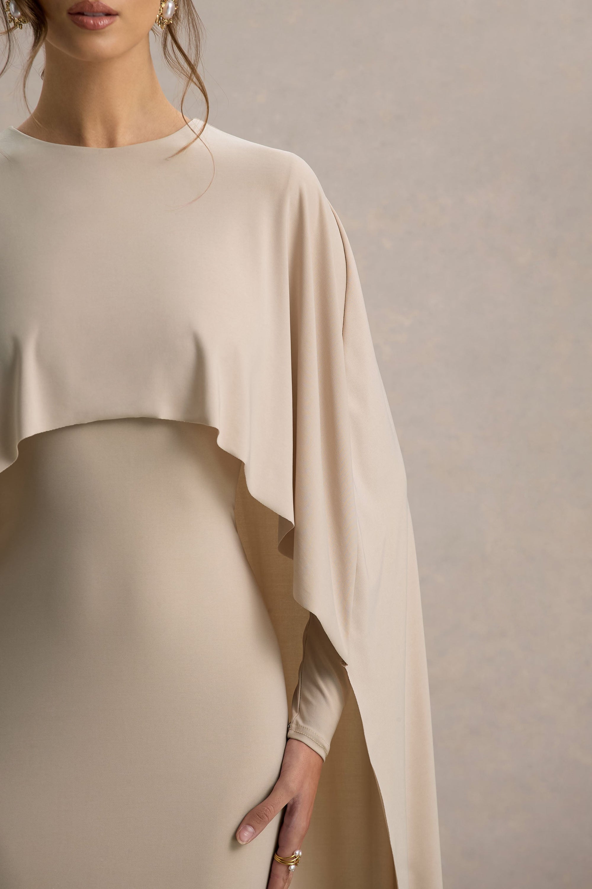 Belinda | Champagne Draped Maxi Dress With Cape Sleeves