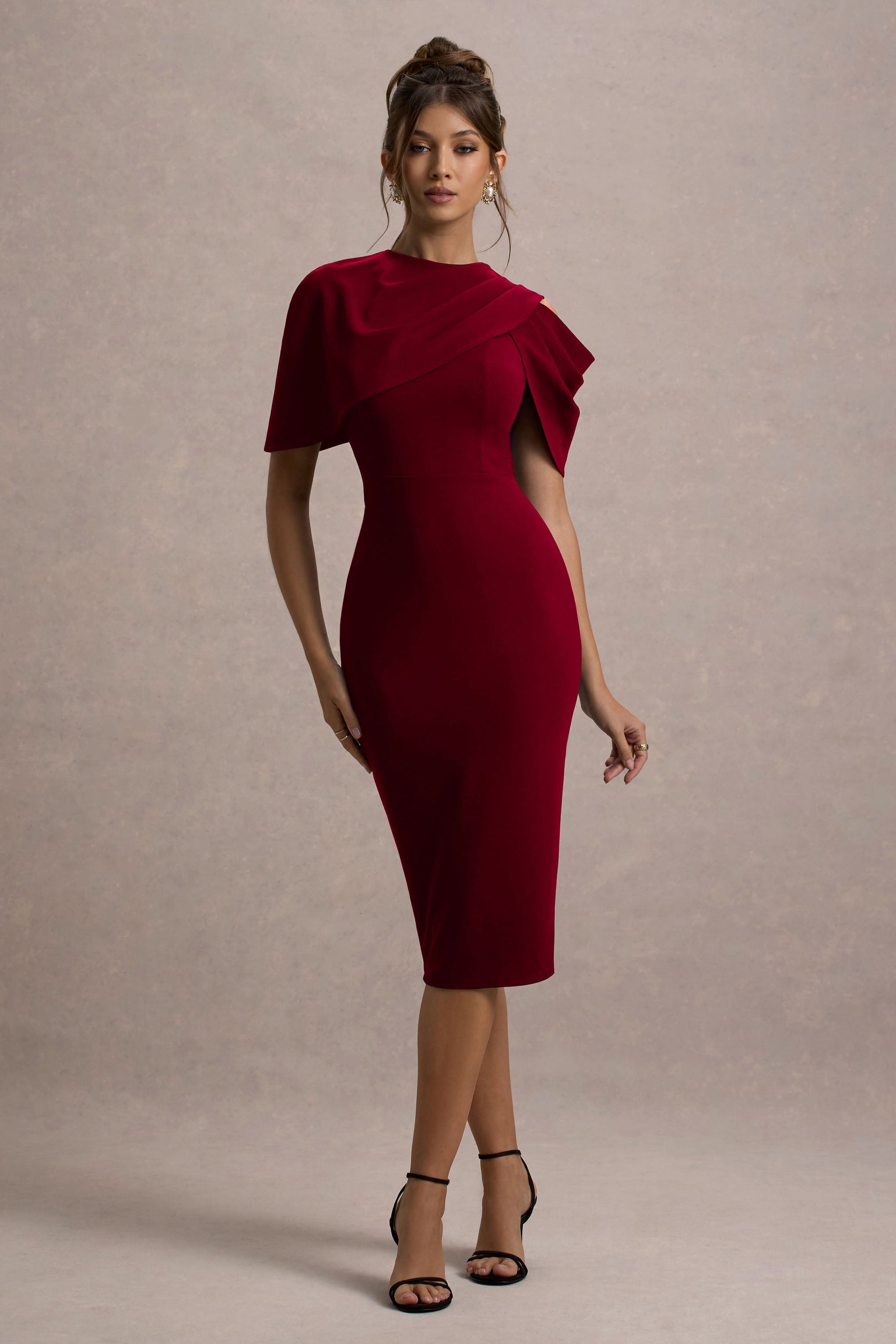 Dorothea | Berry Draped Midi Dress With Cape