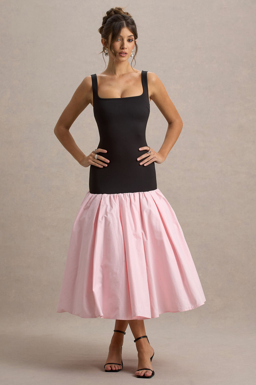 Parida | Black & Pink Poplin Drop-Waist Midi Dress With Peplum Hem