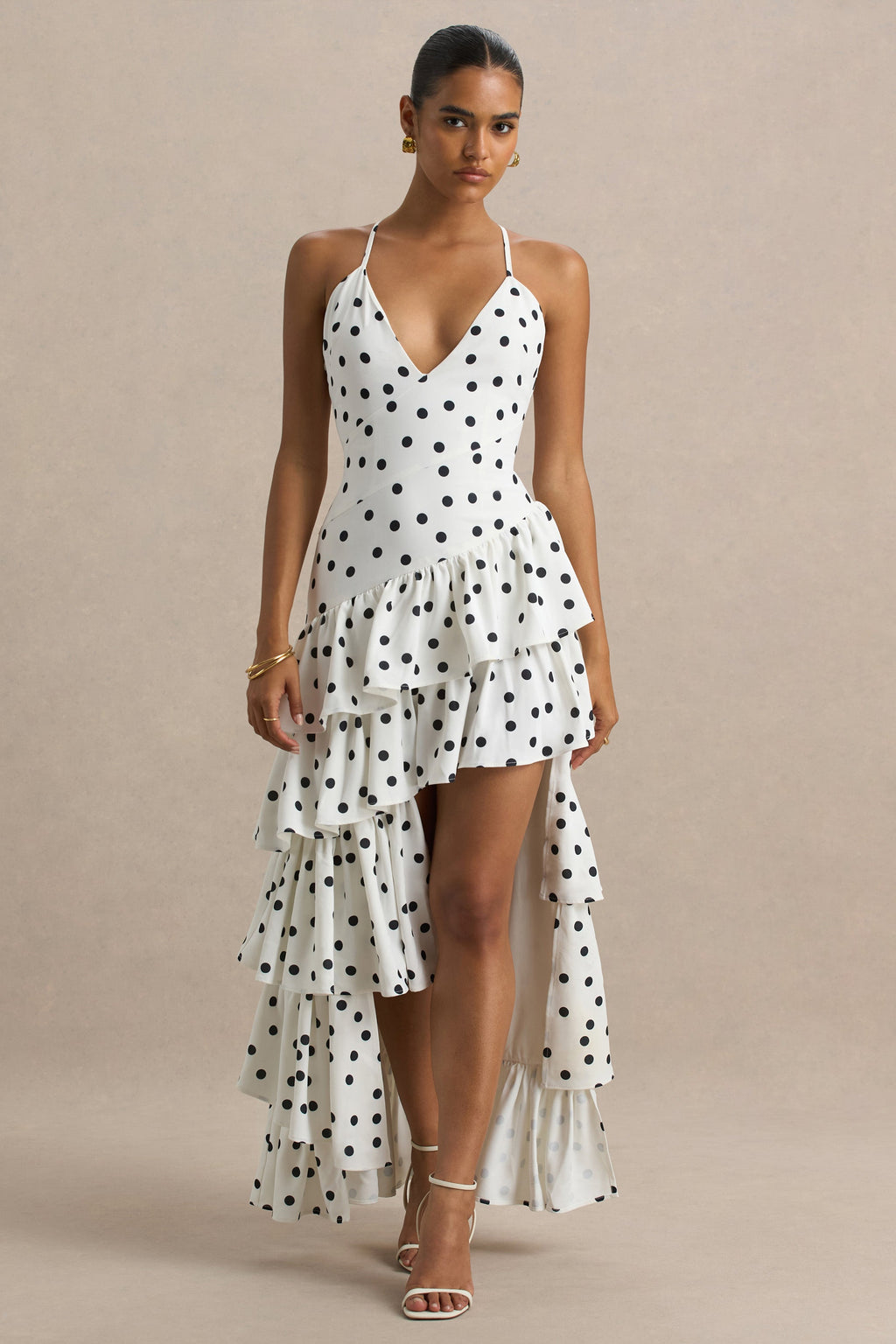 Bogota | Polka Dot Plunge-Neck Maxi Dress With Ruffling Details And Front High Split