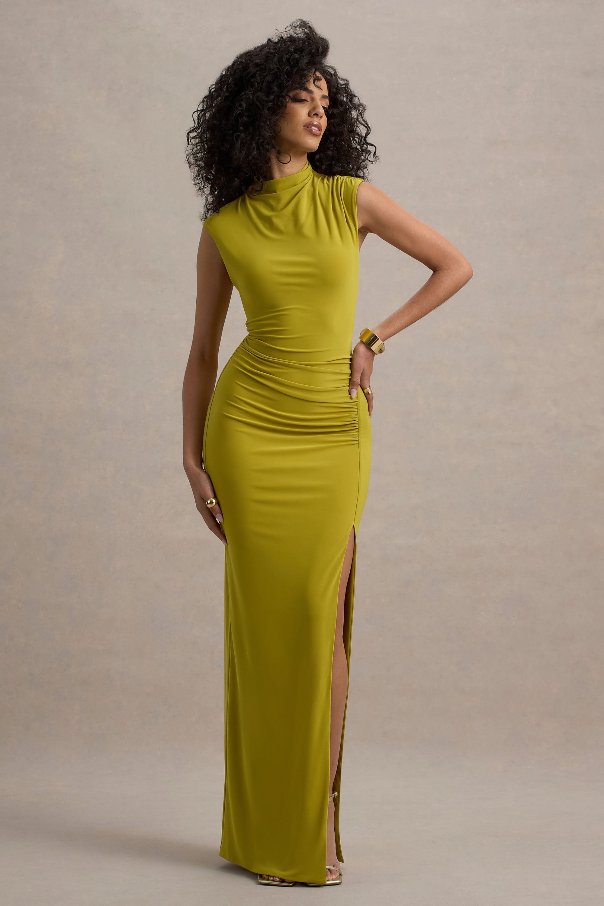 Lanetta | Green Ruched High-Neck Maxi Dress With Split