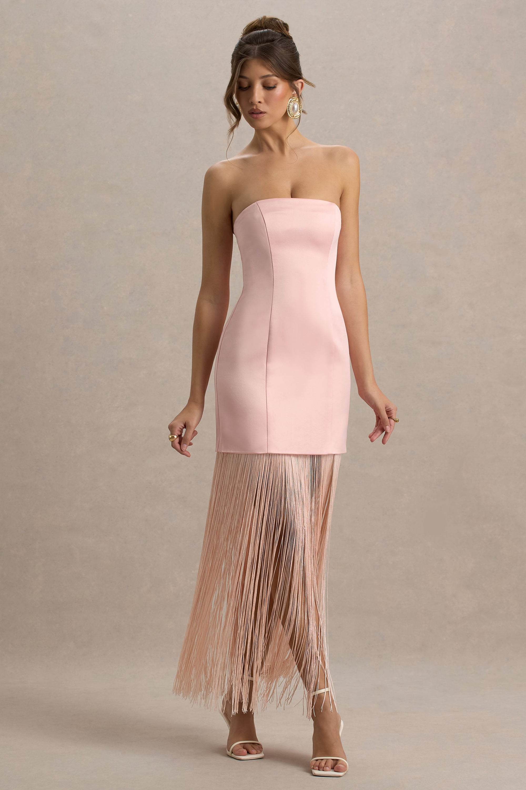 Trinity | Blush Pink Satin Bandeau Maxi Dress With Fringe