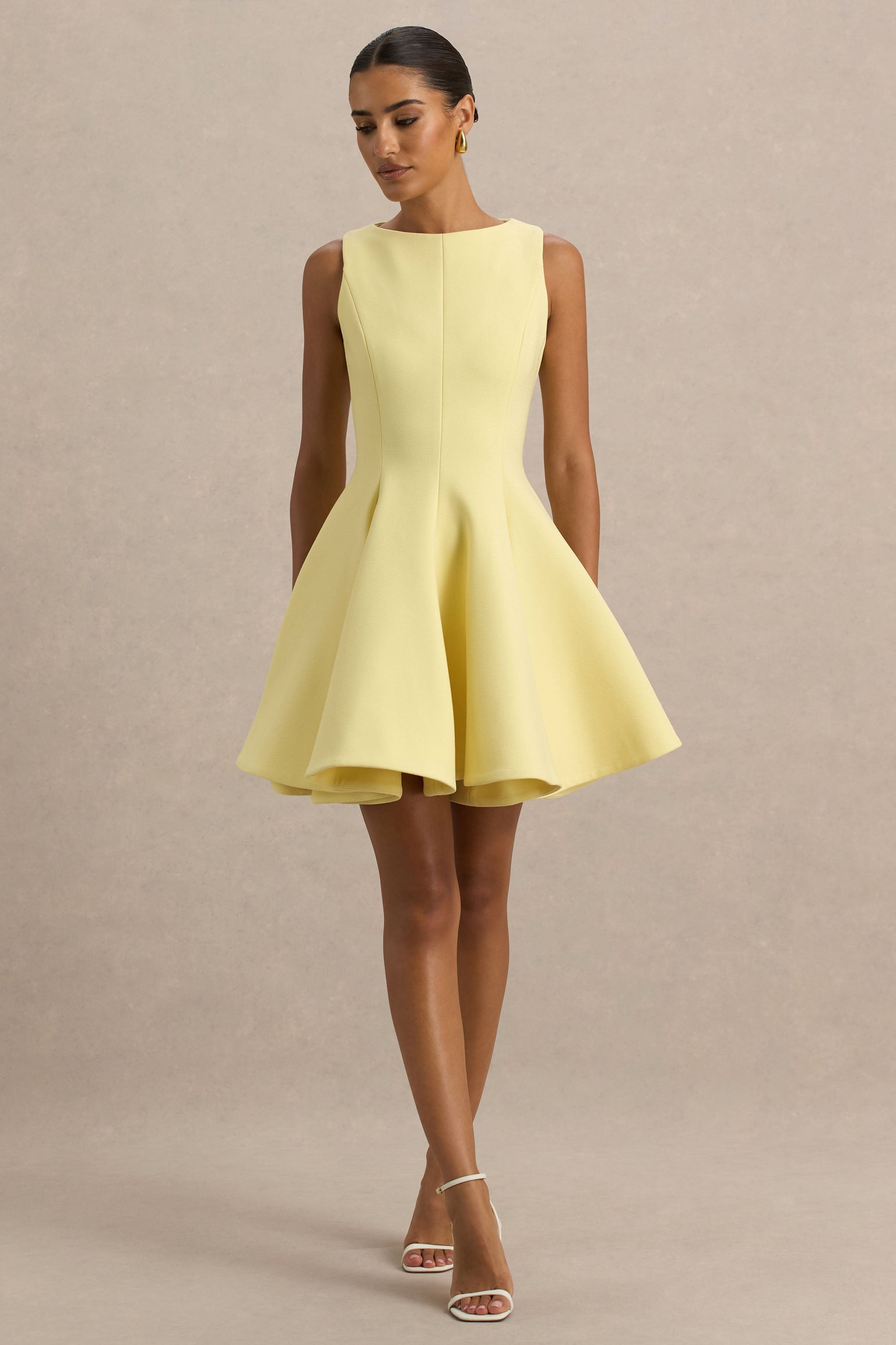 Gabrielle | Lemon Boat-Neck Mini Dress With Ruffling Detail